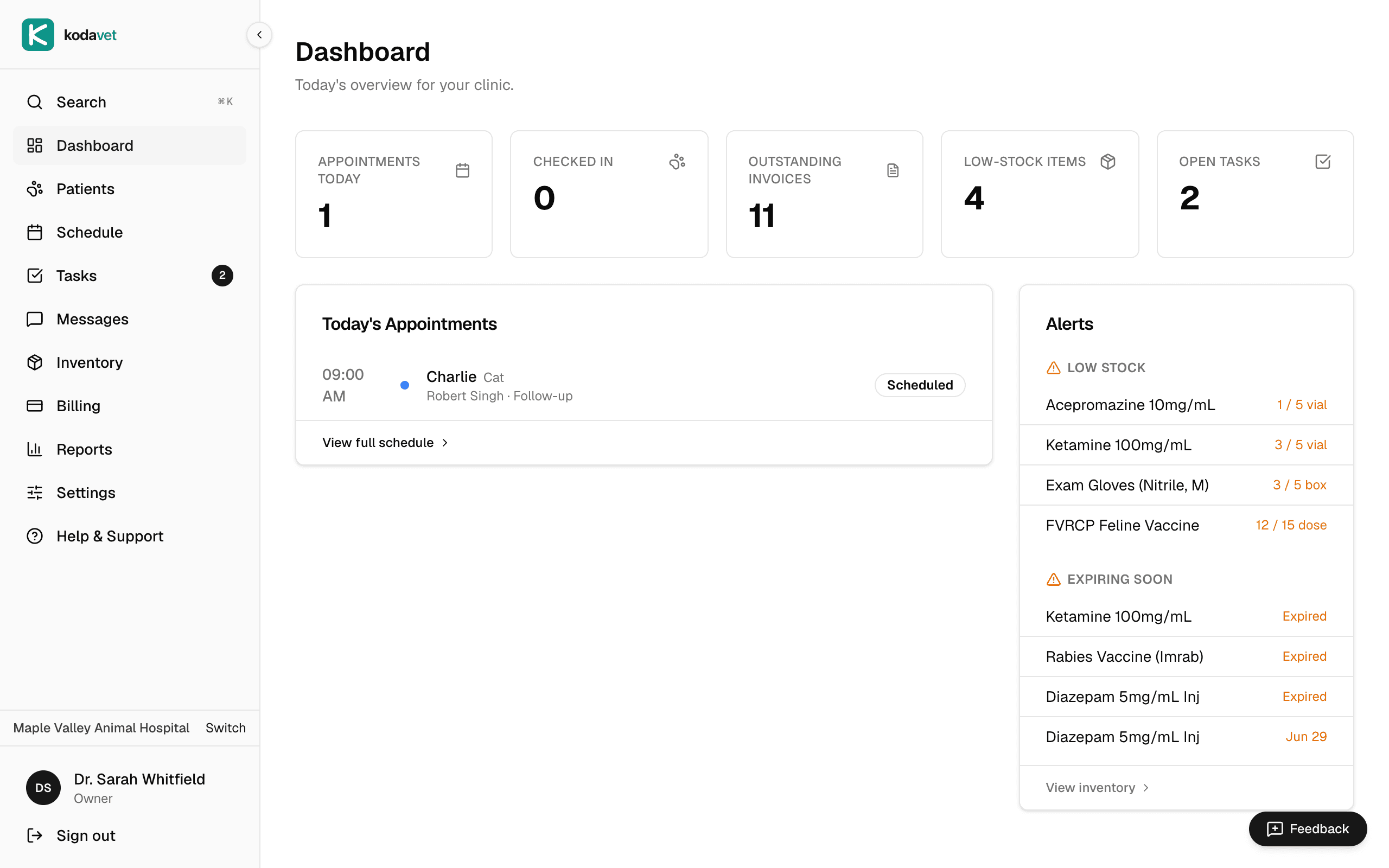 KodaVet dashboard — today's appointments, alerts, and clinic overview