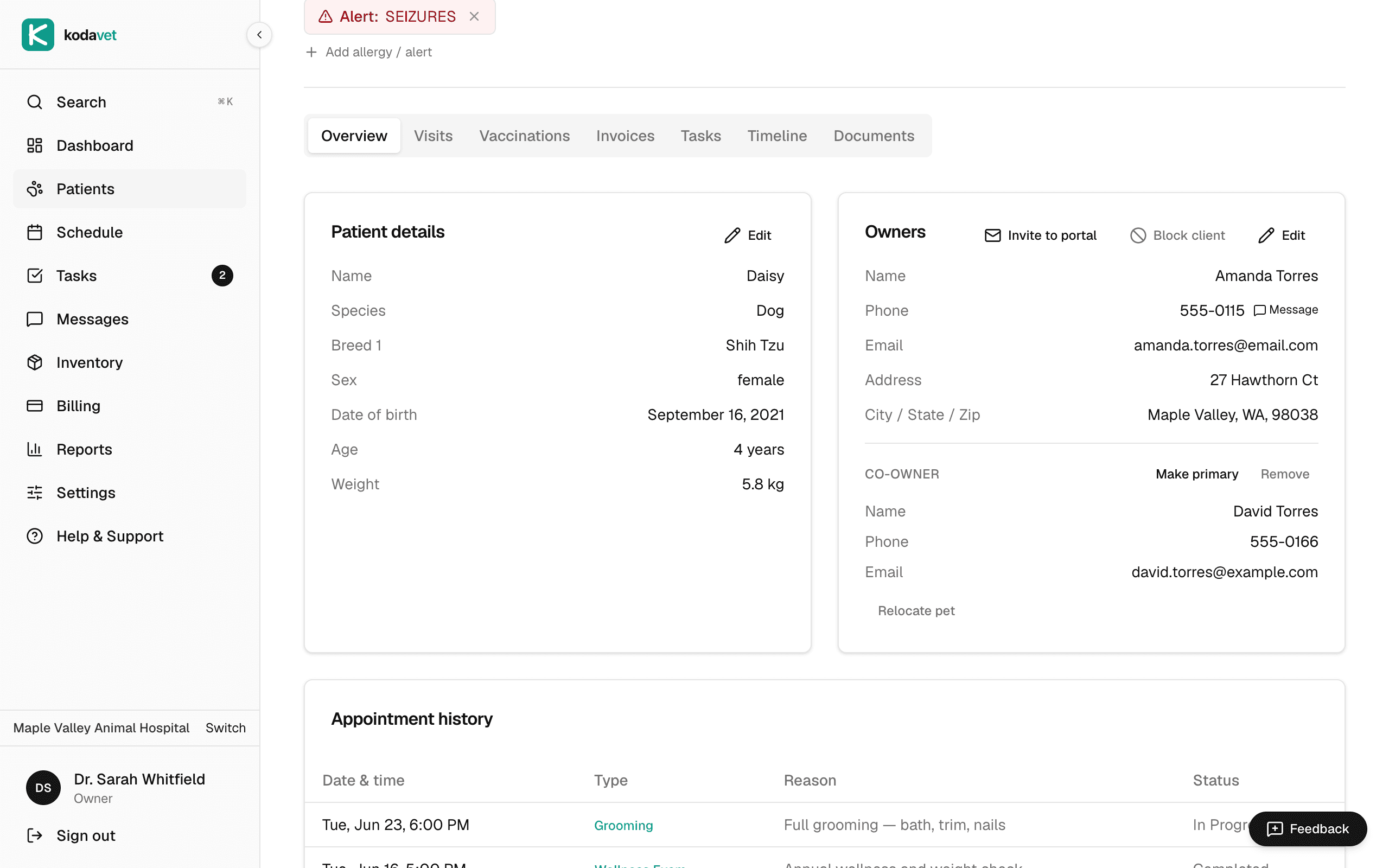 KodaVet patient record — owners card with primary and co-owner, full medical history