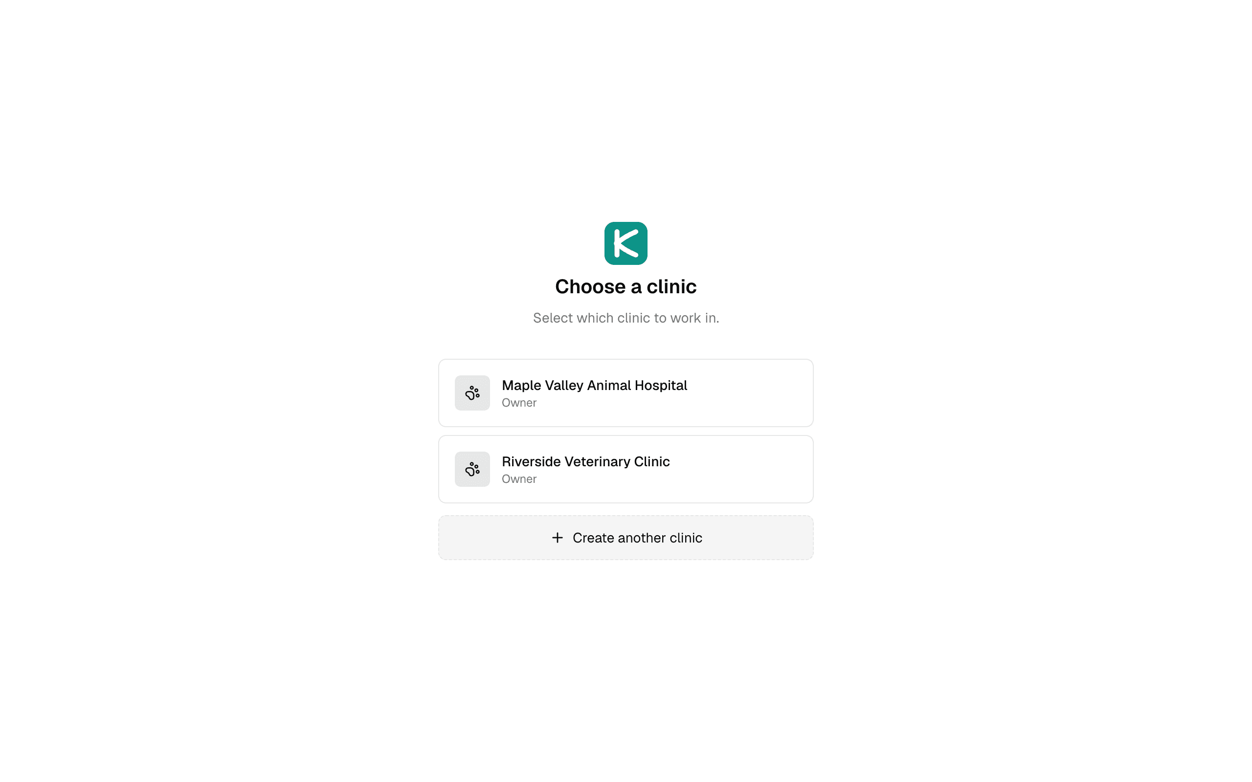 KodaVet clinic switcher — choose between multiple clinics under one login